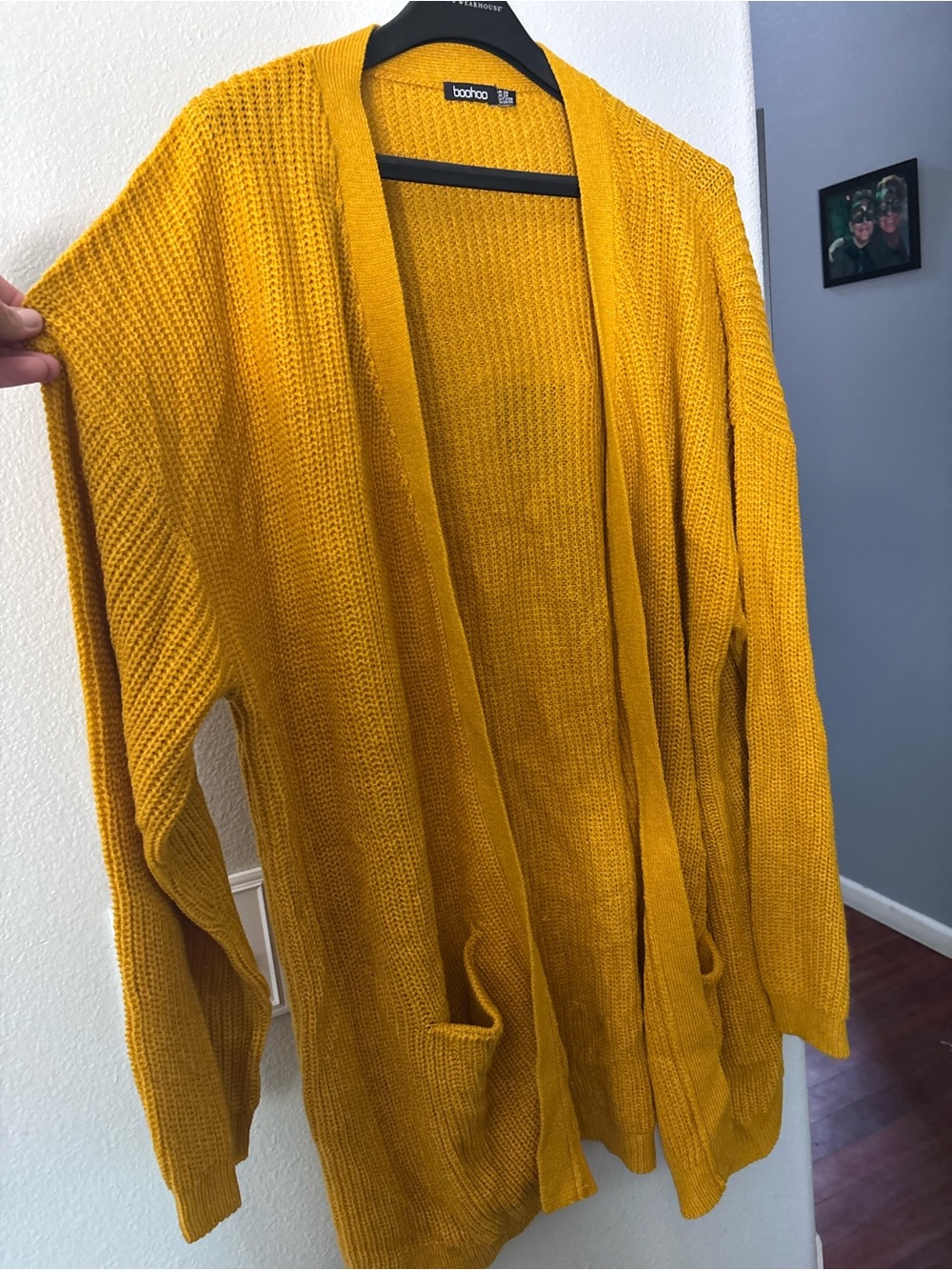 Boohoo Dual-Color Open Front Long Cardigan - Mustard & Olive - Picture 3 of 11